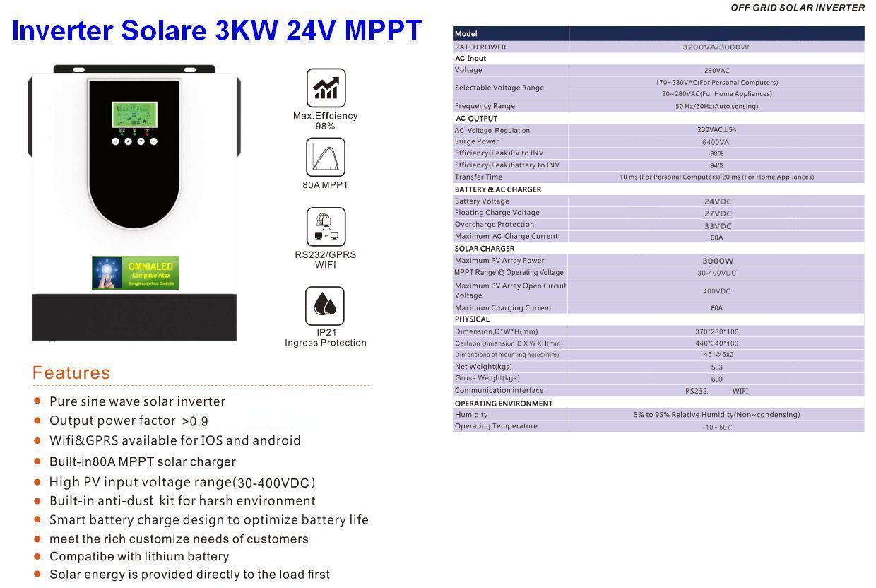 Inverter Solare Ibrido 3000 Watt MPPT Hi Freq. - Clicca l'immagine per chiudere
